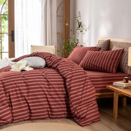 BESTOUCH Striped Cotton Duvet Cover Set Linen Feel Twin