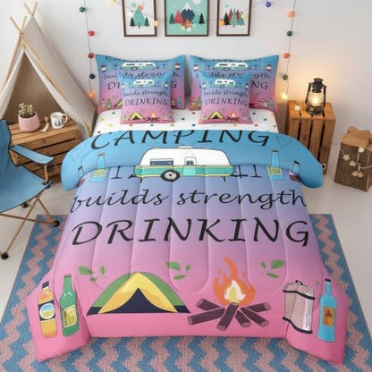 Erosebridal 7 Piece RV Bunk Twin Bedding Set for Camper,Drinking and Camping Comforter Set for Kids Teen Adults,Travel Trailer Quilt Bed Set Pink Blue Gradient Comforter with Fitted + Flat Sheet