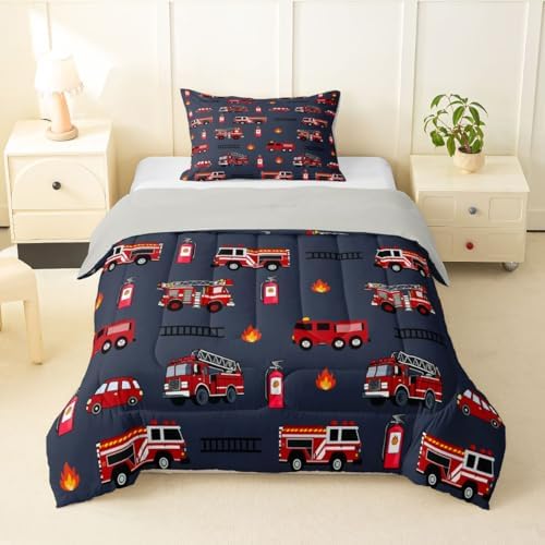 Feelyou Fire Truck Comforter Set Toddler Size Emergency Fire Engine Bedding Set for Kids Boys Girls Firemen Car Vehicle Duvet Quilt Bedroom Decor Microfiber 2 Pcs with 1 Pillow Case