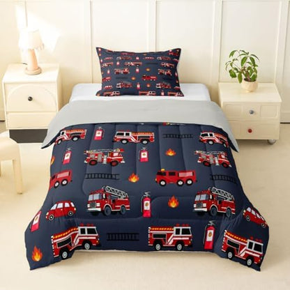 Feelyou Fire Truck Comforter Set Twin Size Emergency Fire Engine Bedding Set for Kids Boys Girls Firemen Car Vehicle Duvet Quilt Bedroom Decor Microfiber 2 Pcs with 1 Pillow Case