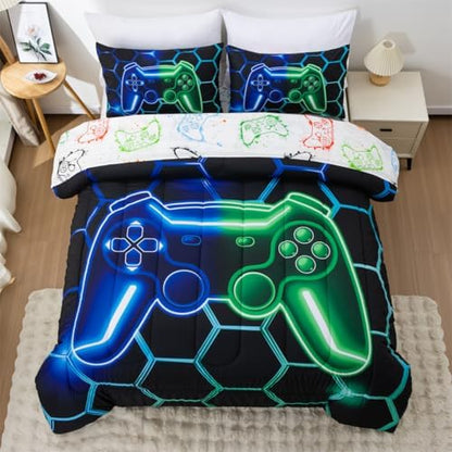 NTBED Game Console Comforter Set for Boys Girls Kids 3D Gaming Geometric Lightweight Microfiber Bedding Sets (Blue Green, Queen 5Pcs)