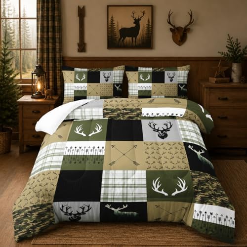 Nttopship Hunting Camo Comforter Sets King Size，Bedding Sets for Kids,Arrows and Deers Comforter Sets，Kids Room Decor with 1 Comforter with 2 Pillow Case