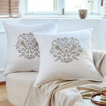 Simple&Opulence 100% Linen Euro Shams 26'' x 26'' Pack of 2, Embroidery Rosefinch Design Natural Flax Farmhouse Decorative Square Throw Pillow Covers for Bed Couch Sofa - White