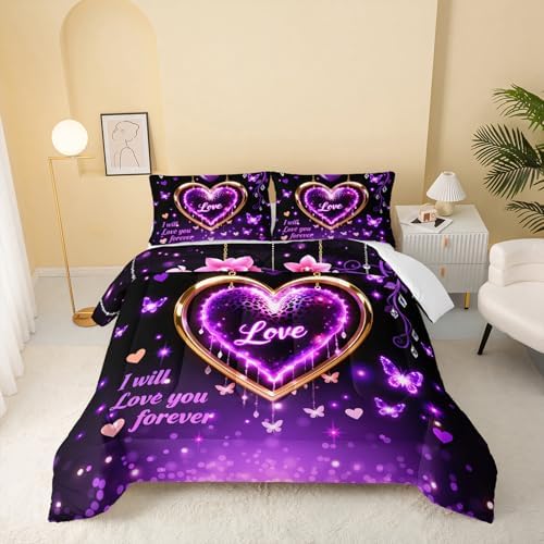 QOOMO Purple Love Heart Kids Comforter Set Twin Size