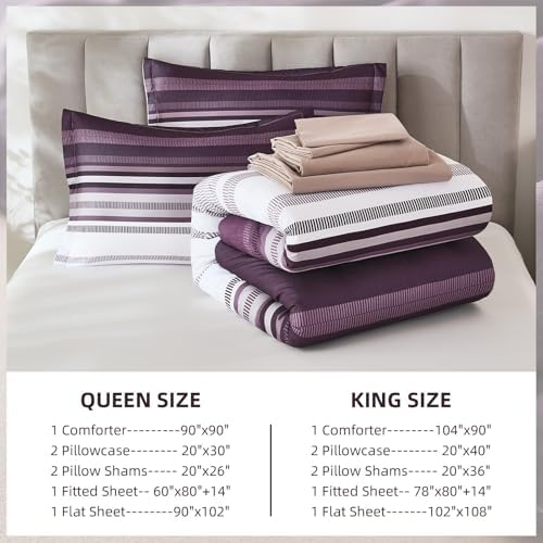 Dobuyly Purple Comforter Set King Size 7 Piece, Boho Striped Bed in a Bag King Soft Microfiber Bedding Sets with Comforter, Sheets, Pillowcases & Shams All Season