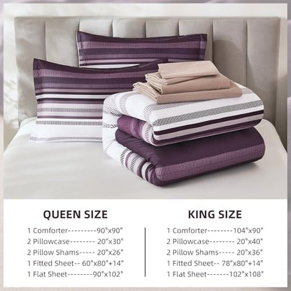 Dobuyly Purple Comforter Set Queen Size 7 Piece, Boho Striped Bed in a Bag Queen Soft Microfiber Bedding Sets with Comforter, Sheets, Pillowcases & Shams All Season