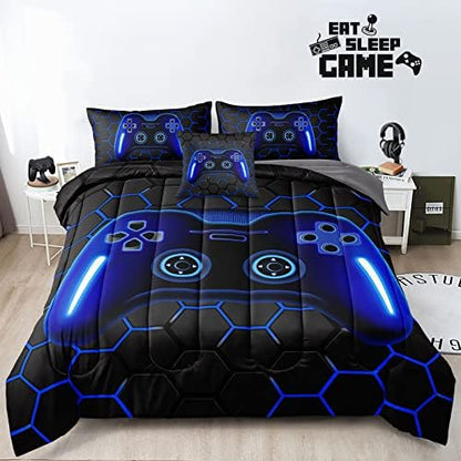 6 Pieces Gaming Bedding Set Full Size for Boys Gamer Comforter Set for Boys Girls Kids Teens 6 Piece Bed in A Bag Video Game Bedding for Gamer Room Decorative Full45