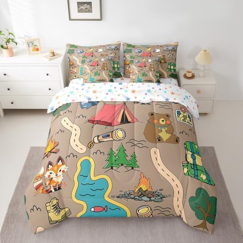 Erosebridal Happy Camping Bedding Set for Kids Teens,Cartoon Animal Comforter Set Queen Size,Camping Lover (Comforter+Fitted+Flat Sheet+2 Pillowcases+2 Throw Pillow Covers) 7 Pieces Bed Set