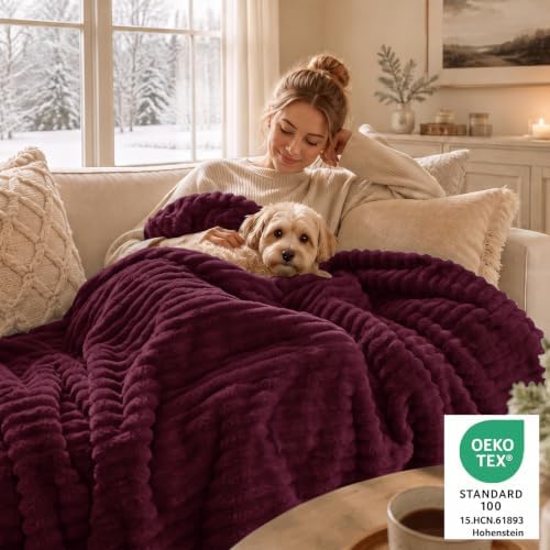 CozyLux Fleece Full Size Comforter Sets, 3 Piece Warm Burgundy Bedding