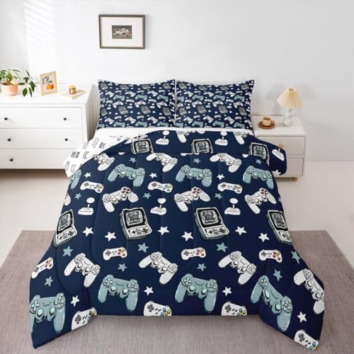 Castle Fairy Gamepad Comforter Set King Size,Video Gaming Blue Down Alternative Adults Bedroom Decor,Kids Games Consoles Ultra Soft Microfiber Inner Fill 3 Pcs Bedding