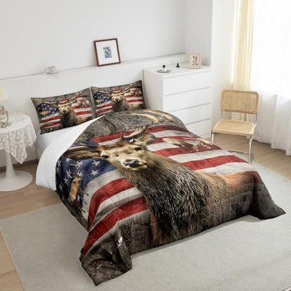 American Flag Deer Comforter Set Twin Size, Kids Boys Room Decor Brown Wildlife Animal and Trees Theme Bedding Comforters, Colorful USA Flag Print Natural Duvet Set with 1 Pillowcase, Soft