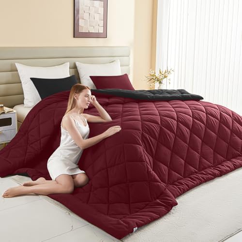 MIOTO 120x98 Oversized King Comforter,Super King Size Comforter Oversized, All Season Soft Lightweight Quilt Down Alternative Duvet Insert with 8 Corner Tabs, Burgundy/Black
