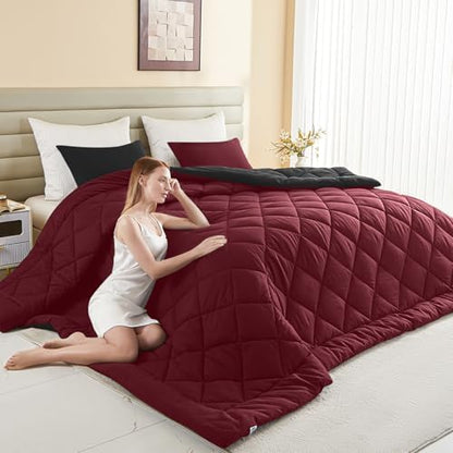 MIOTO 120x98 Oversized King Comforter,Super King Size Comforter Oversized, All Season Soft Lightweight Quilt Down Alternative Duvet Insert with 8 Corner Tabs, Burgundy/Black