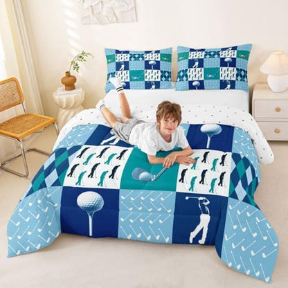 Homewish Golf Comforter Set King Size,Golf Sports Games Bedding Set 3Pcs Geometric Diamond Grid Patchwork Quilt Set for Kids Girls Boys Adult Room Decor Navy Blue White Duvet Insert,2 Pillowcases