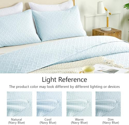 FLYMME Quilts Queen Size, Lightweight Sky Blue Bedspreads, Basket Weave Pattern,Ultra Soft Microfiber Bed Coverlet 3 Pieces for All-Season (1 Quilt, 2 Shams)