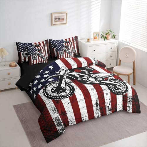 Feelyou Dirt Bike Comforter Set Full 7 Pieces Vintage Flag Bedding Set for Boys Girls Sporty Rider Bed in a Bag Off-Road Racing Room Decor Motocross Art All Season Quilted Breathable Soft Lightweight
