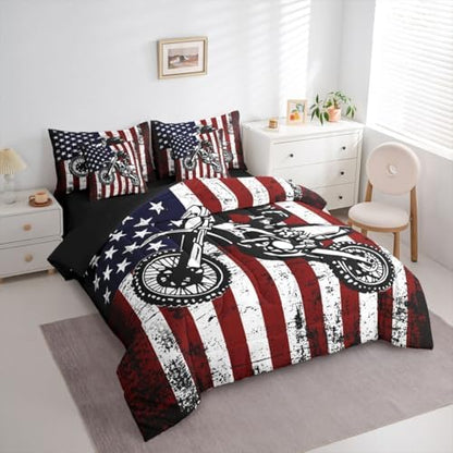 Feelyou Dirt Bike Comforter Set Full 7 Pieces Vintage Flag Bedding Set for Boys Girls Sporty Rider Bed in a Bag Off-Road Racing Room Decor Motocross Art All Season Quilted Breathable Soft Lightweight