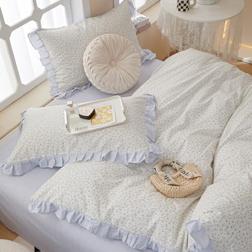 LifeTB Twin XL Comforter Set Blue Floral Bedding Comforter Fluffy Soft Microfiber Cottagecore Bedding Set Floral Ruffle Comforter with 2 Pillowcases Cute Flower Botanical Comforter Set for Teen Girls