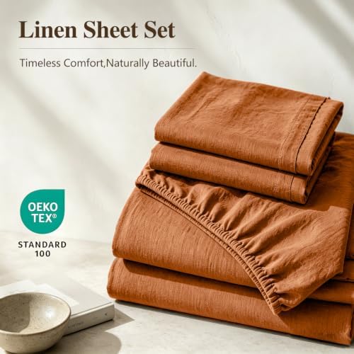 MEISHANG 100% French Linen Sheets California King,4 Pcs,16" Deep Pocket