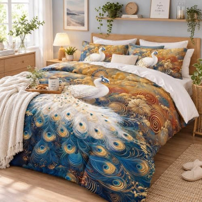 CCoutueChen Kids Peacock Comforter Twin Size, Dark Blue and Golden Bird Feather Bedding Set, 2 Pcs Warm Microfiber Bed Set with 1 Pillowcase, 68"x86"