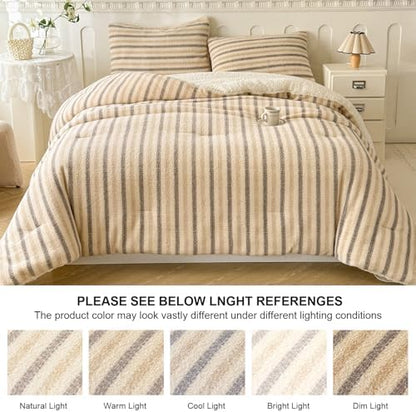 Cyusri Striped Sherpa Comforter Set 3Pcs Fluffy Warm Fleece Down Alternative, Beige Grey Bedding Set with 2 Pillowcases, King Size 104"x90"