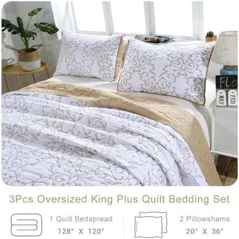 Lady Ann 3Pcs Oversized King Quilt Set 128x120 - Beige Embroidery Pattern Reversible Cotton bedspreads & coverlets, Lightweight Quilted Extra Large Elegant Oversized King Bedroom Bedding Set