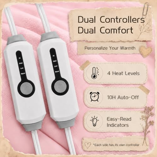 ReyyNio Electric Heated Blanket King Size 90"x100", Dual Controllers, Pink