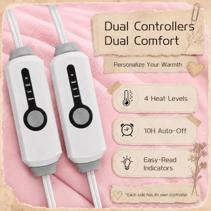 ReyyNio Electric Heated Blanket King Size 90"x100", Dual Controllers, Pink
