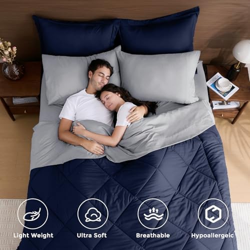 HEVUMYI 7-Piece Full Comforter Set, Navy Blue & Grey Bed in a Bag