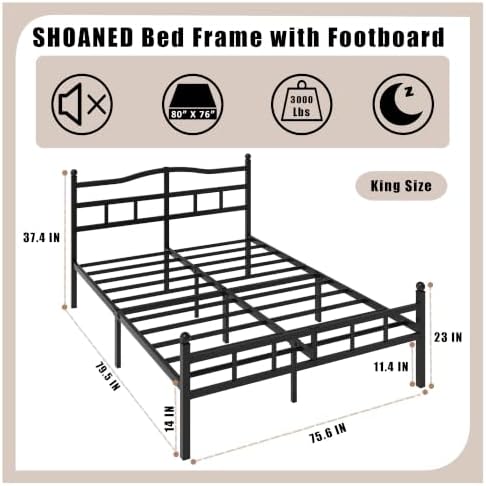 SHOANED Metal Bed Frame with Headboard & Footboard - 14 Inch King Size Heavy Duty Bedframe Black Basic Steel Slats Platform No Box Spring Needed/Easy Assembly/Noise Free