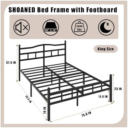 SHOANED Metal Bed Frame with Headboard & Footboard - 14 Inch King Size Heavy Duty Bedframe Black Basic Steel Slats Platform No Box Spring Needed/Easy Assembly/Noise Free