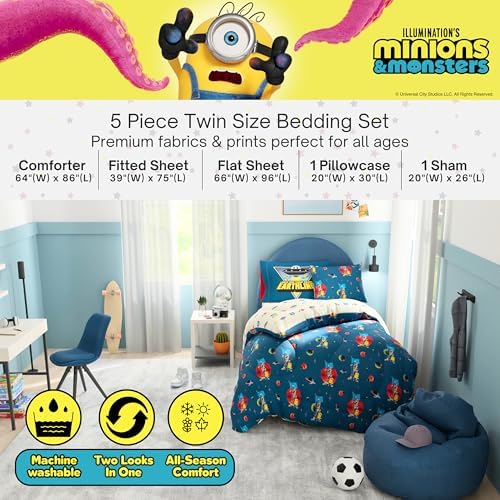 Minions and Monsters Movie Kids Bedding Set, Twin Size 5 Piece Comforter and Sheet Set with Sham, (Officially Licensed Product) by Franco