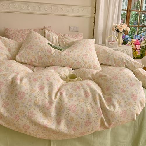VM VOUGEMARKET Pink Flower Duvet Cover Set Queen Soft Muslin Cotton Aesthetic Bedding Set Garden Floral Duvet Cover with 2 Pillow Shams,Blooming Comforter Cover for Teen Girls