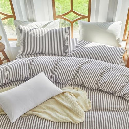 Striped Duvet Cover Set Queen Size 3 Piece 100% Washed Cotton Linen Feel Bedding Set Comfy Breathable (Queen, Classic Stripe-Mauve Brown/White)