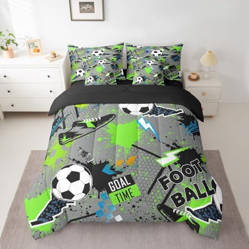 Erosebridal Boys Soccer 7 Piece Bedding Set Twin Size,Lightning Football Bed in a Bag,Sports Lover Bed Set Includes Comforter, Sheet Set, Pillowcases & Pillow Covers All Season Bedroom Decor