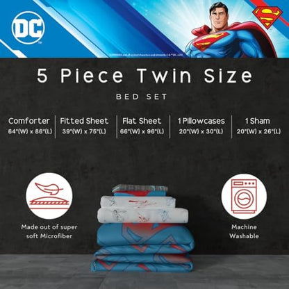 Superman DC Comics Kids Bedding Super Soft & Cozy Reverisble Microfiber Comforter and Sheet Set with Sham, 5 Piece Twin Size, (Officially Licensed Product) By Franco
