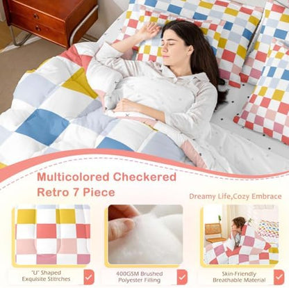 Feelyou Multicolored Checkered Retro Comforter Set with Sheets 7 Piece Full Size Geometric Cute Bed in a Bag Kids Boys Girls Colorful Bedding Set Modern Groovy Aesthetic Bedroom Decor Breathable Soft