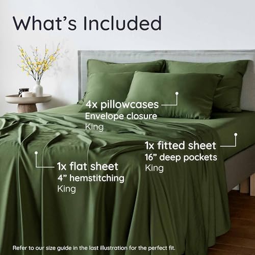 Bambaw 100% Viscose Derived from Bamboo Sheets King Size Set – 6pcs Set of Cooling Sheets for Hot Sleepers, Fits Up to 16'' Mattresses, Super Soft & Luxury Bedding Sets King (Olive)