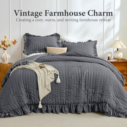 JOLLYVOGUE Dark Grey King Comforter Set,3pcs Seersucker Comforters King