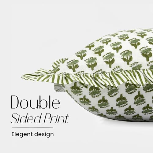 CPC Block Print Emerald Green Ruffle Cotton Lumbar Pillow Cover 14x36 inch