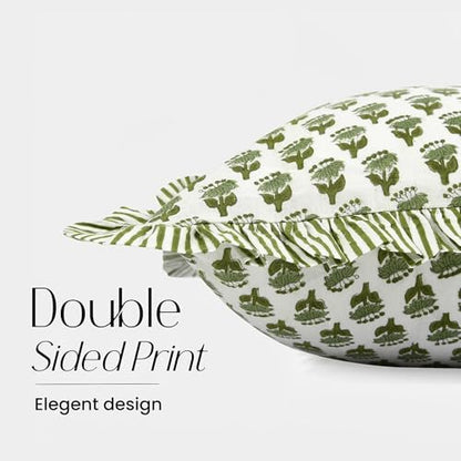 CPC Block Print Emerald Green Ruffle Cotton Lumbar Pillow Cover 14x36 inch