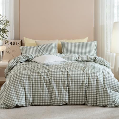 JIYUAN Super Queen Washed Cotton Duvet Cover SetClassic Gingham