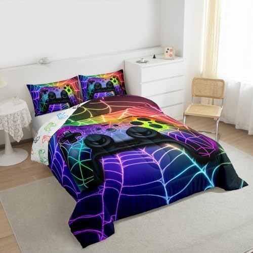 Gaming Bedding Set Rainbow Spider Web Full Size Comforter Sets For Boys,Game Console Comforter Set For Boys Gothic Cobweb Sports Bedding Sets For Boy,Gamer Decor For Boy Bedroom Decor Gamer Gifts