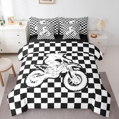 Feelyou Red Motocross Rider Comforter Set with Sheets 7 Piece Full Checkered Flag Bed in a Bag Boys Girls Off-Road Racing Bedding Set Sporty Rider Bedroom Decor Dirt Bike Breathable Soft Lightweight
