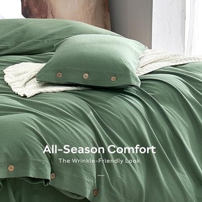 JELLYMONI 100% Washed Cotton Dusty Green Duvet Cover Queen, Linen-Like