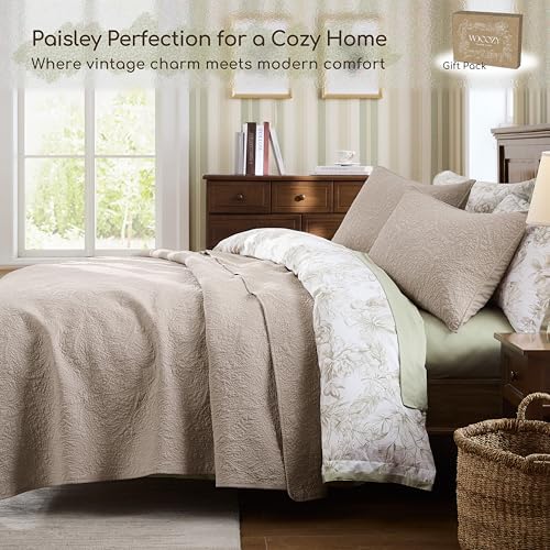 WDCOZY Queen 100% Cotton Paisley Quilt Bedding Set Beige Comforter