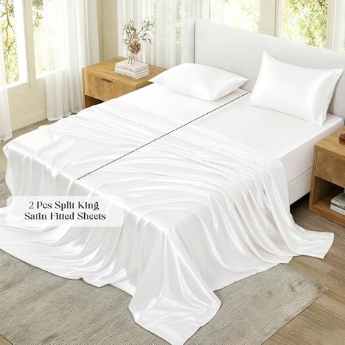 SiinvdaBZX 5-Piece Ivory White Satin Sheets Split King Size Set