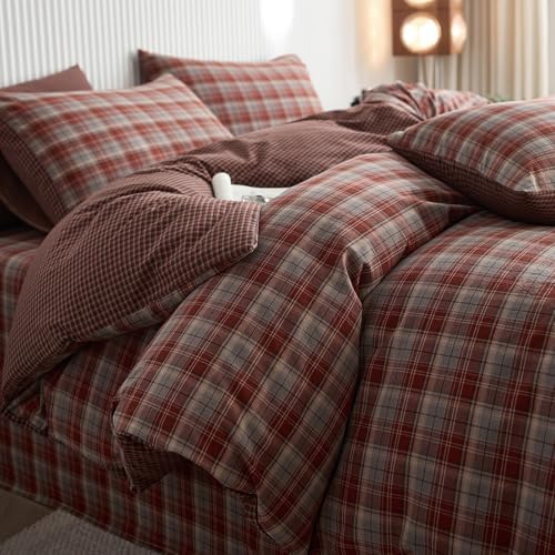 Vintage Buffalo Plaid Duvet Cover Set King Size, 100% Washed Cotton Bedding Gingham Duvet Cover, Red&Blue Plaid Checkered Comforter Cover, Soft Breathable Grid Farmhouse Gingham Bedding Set King