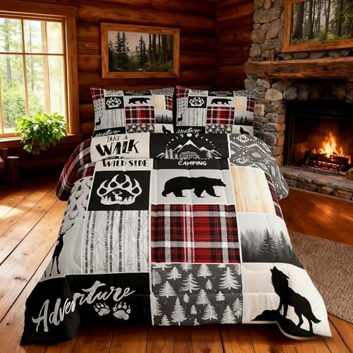 Deer Antlers Comforter Set Twin Size,Bear Paws Pine Trees Xmas Bedding Set for Kids Boys Girls Adults Room Decor,Lattices Patchwork Rustic Farmhouse Down Comforter,Red Duvet Insert,1 Pillowcase
