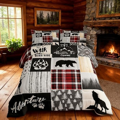 Deer Antlers Comforter Set Twin Size,Bear Paws Pine Trees Xmas Bedding Set for Kids Boys Girls Adults Room Decor,Lattices Patchwork Rustic Farmhouse Down Comforter,Red Duvet Insert,1 Pillowcase